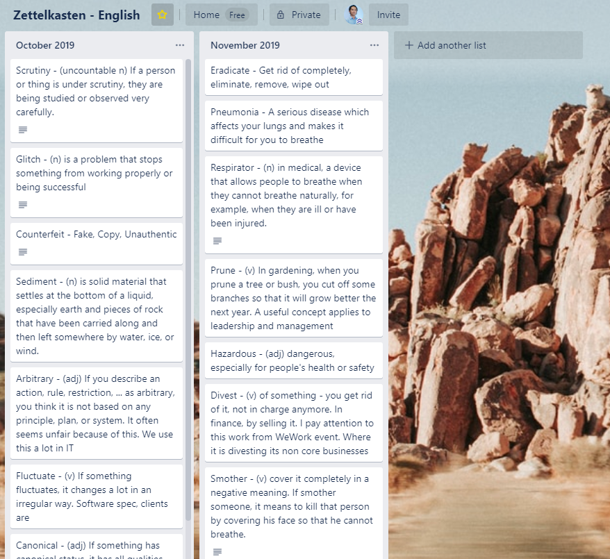 Apply Zettelkasten to improve English with Trello